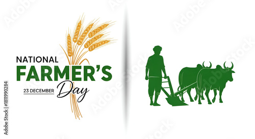 Happy National Farmer Day Celebration 23 December With A Silhouette of A Traditional Cultivator Ploughing A Field Using Oxen And Wheat Crop Ears Vector Design