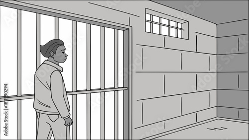 Lonely Man Walking Behind Prison Bars Concept Illustration