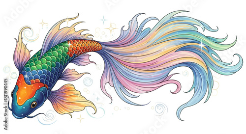 Colorful Koi Fish with Flowing Tail Illustration.