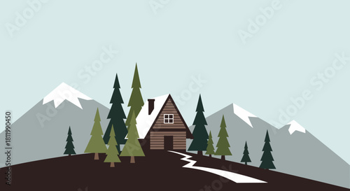 Cozy Cabin in Snowy Mountains with Pine Trees.
