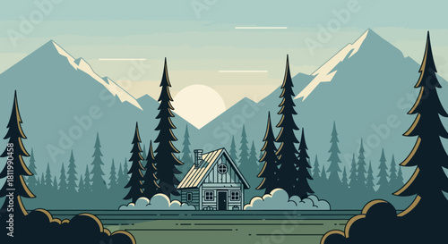 Cozy Cabin in Snowy Mountains Landscape.