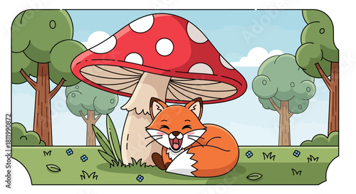 Cute cartoon fox sleeping under a large red mushroom in the forest.