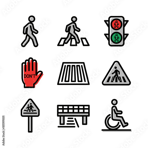 A collection of nine pedestrian crossing and traffic safety icons with filled outlines, including a crosswalk, traffic light, and accessibility symbol.