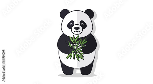 Cute cartoon panda holding bamboo leaves illustration.