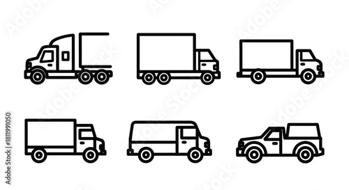 A collection of six minimalist black outline icons depicting various commercial trucks and vans.