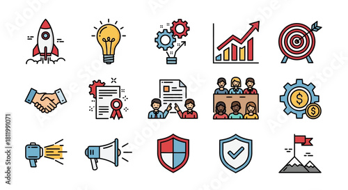 Vibrant business success concept icons set, featuring startup, ideas, teamwork, growth, target, finance, security, and achievement.