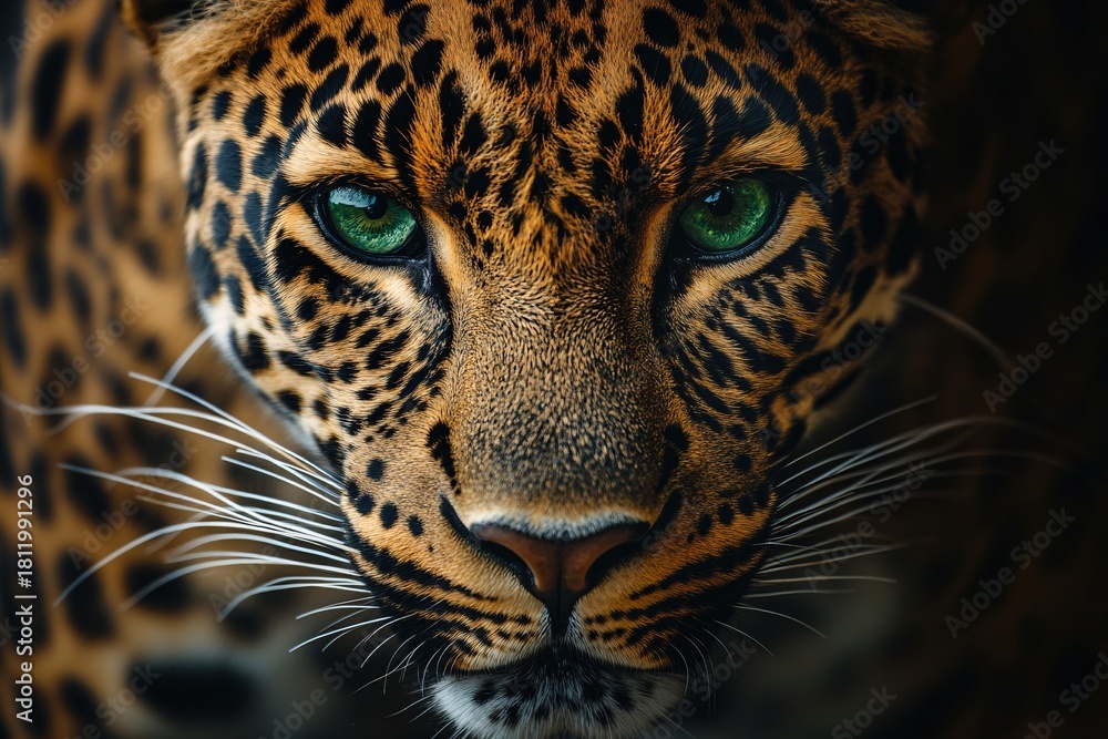Naklejka premium A stunning close-up portrait of a dangerous spotted big cat, a wild leopard, with intense eyes
