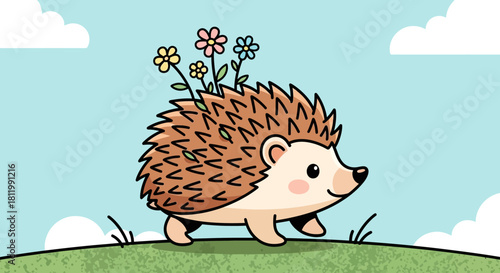 Cute Hedgehog with Flowers on Back Walking on Grassy Hill.