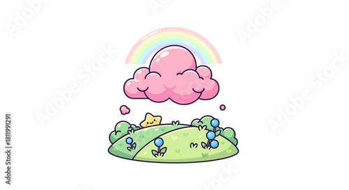 Cute Pink Cloud and Rainbow Over Green Hill.