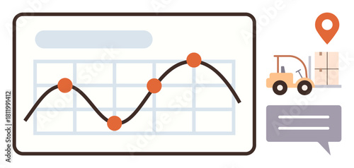 Graph with a trendline and data points, location pin, forklift carrying boxes, and chat bubble. Ideal for logistics, supply chain, analytics, performance tracking, inventory planning simple flat
