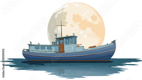 Serene Cartoon Drawing of a Boat with Full Moon in Background