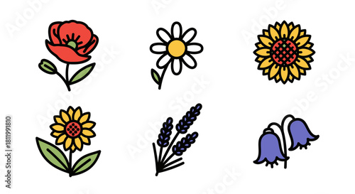 Vibrant collection of six distinct stylized flower icons, including poppy, daisy, sunflowers, lavender, and bellflowers, with bold black outlines.