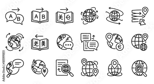 A collection of thin line icons representing language translation, global communication, and localization services.