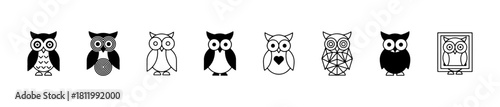 Minimal owl icons: cartoon, hypnotic, outlined, hear, geometric, and framed styles. Ideal for nature, wisdom, and character design visuals.