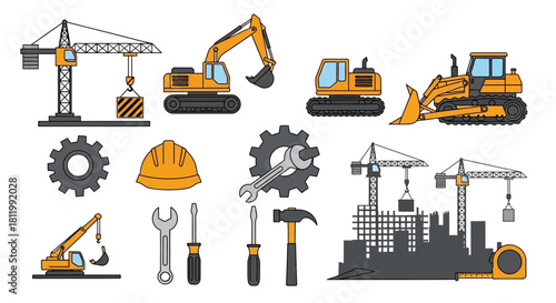 Vibrant construction vehicles, tools, and building site silhouettes set, featuring cranes, excavator, bulldozer, hard hat, and wrenches.