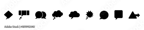Minimal comic bubble icons: speech, thought, explosion, and accent shapes. Ideal for dialogue, emotion, and storytelling visuals.