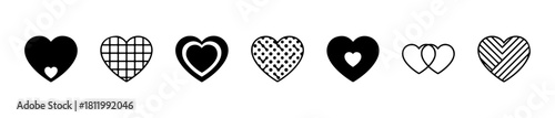 Minimal heart icons: solid, outlined, directional, layered, heartbeat, and overlapping styles. Ideal for love, health, and emotion visuals.