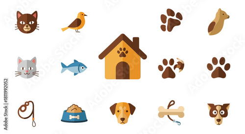 A colorful cartoon icon set of various pets and accessories, including dogs, cats, a bird, fish, a doghouse, paw prints, and toys.