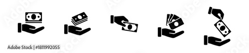 Minimalist icons showing hands exchanging or holding banknotes, symbolizing financial transactions like payment, receipt, and cash handling.