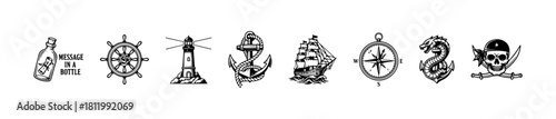 Nautical-themed icons featuring maritime symbols like compass, anchor, lighthouse, pirate skull, and sailing ship.