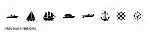 Silhouette icons of boats, anchor, helm, and compass, representing nautical transport and marine navigation.