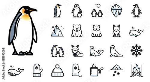 A colorful cartoon illustration of a standing Emperor Penguin with bold black outlines and yellow neck patches.