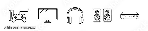 Minimal entertainment icons: game controller, monitor, headphones, speakers, and media player. Ideal for gaming and home media visuals.
