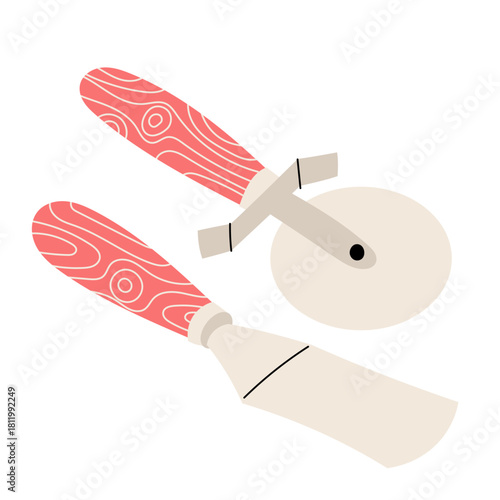 Flat style illustration of a pizza cutter and dough scraper with wooden handles. Perfect for cooking, kitchen tools, bakery, food preparation, culinary and recipe projects.