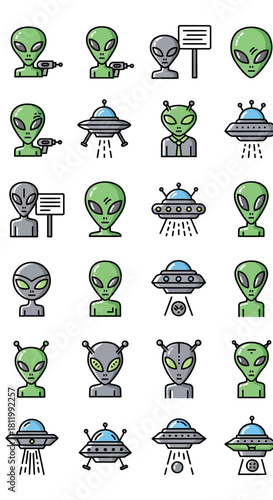 A colorful collection of cartoon alien and UFO vector icons, featuring green and grey extraterrestrials, flying saucers, and ray guns.