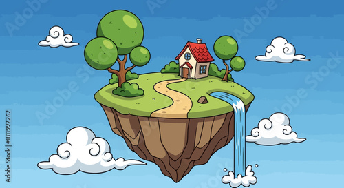 Floating Island with House and Waterfall Cartoon.