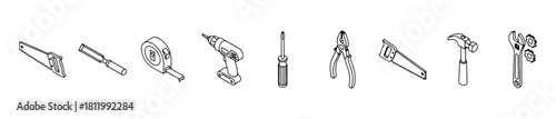 Minimal tool icons: tape measure, pliers, saw, drill, chisel, hammer, wrench with gear, and screwdriver. Ideal for repair, and construction visuals.