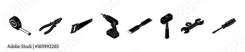 Minimal tool icons: tape measure, pliers, saw, drill, chisel, hammer, wrench with gear, and screwdriver. Ideal for repair, and construction visuals.