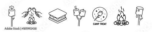 Minimal camp treat icons: marshmallows, s’more, campfire, and roasting sticks. Ideal for camping, outdoor fun, and snack visuals.
