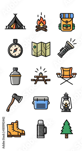 A colorful collection of hand-drawn camping and hiking equipment icons with thick black outlines and a textured, doodle style.