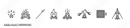 Minimal campfire icons: flames, roasting sticks, grill, and tripod pot. Ideal for camping, outdoor cooking, and adventure visuals.