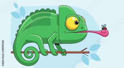 Green Chameleon Hunting a Fly.