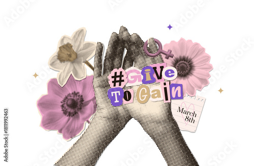 IWD halftone collage. Folded female hands as a symbol of support and help. 2026 concept of feminism. Allyship and sisterhood. Collaboration of women. Woman s Day. Vector isolated illustration