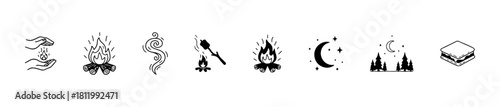 Minimal camping icons: fire-making, campfire, smoke, marshmallow, moon, forest, and s’more. Ideal for outdoor, cozy, and adventure visuals.