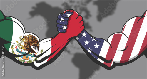 Vector political banner. Arm wrestling. Powerful muscular male arms in colors of flags of Mexico and United States. Blurred map of north America background. Confrontation. Mexican and american poster