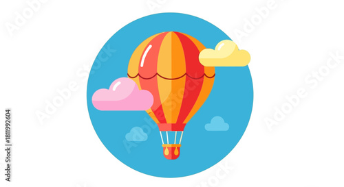 Hot air balloon adventure with colorful clouds.