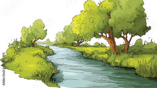Scenic Cartoon River with Trees Vector Illustration for Design Projects