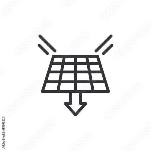 Simple line icon of a solar panel with a grid, absorbing sunlight and showing energy output with a downward arrow.