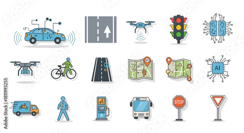 A colorful hand-drawn style icon set of smart city technology, autonomous transport, and urban mobility elements.