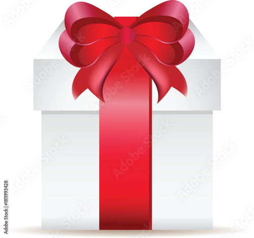 A white gift box with a vibrant red ribbon and bow tied on top, casting a subtle shadow below.
