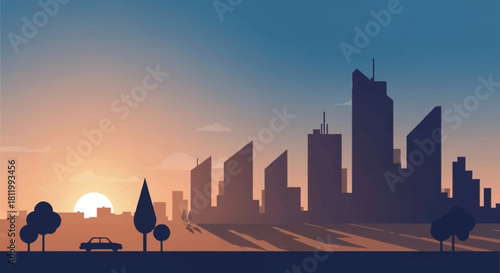 Modern City Skyline at Sunset with Trees and Car.