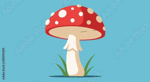 Red and white spotted mushroom with green grass on a blue background.