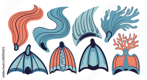 Set of Stylized Mermaid Tails and Sea Elements.