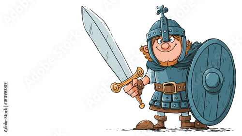 Warrior Cartoon - Sword and Shield Illustration for Design Projects
