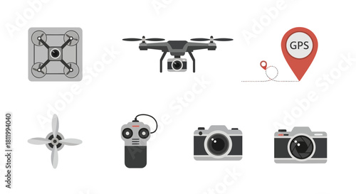 Sleek dark gray quadcopter drone with mounted camera, ready for flight, vector illustration.