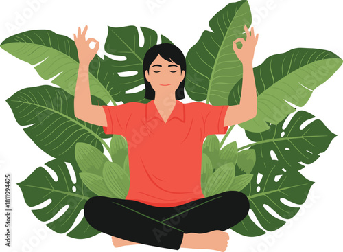 Woman Practicing Zen Meditation and Yoga Outdoors in Nature, Achieving Relaxation, Mindfulness, and Spiritual Balance Surrounded by Lush Tropical Leaves Vector Illustration.